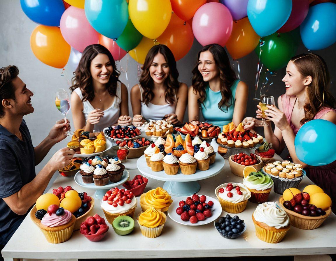 A vibrant table filled with an array of delicious treats, including colorful cupcakes, mouthwatering pastries, and fresh fruits. Surrounding the table are joyful people celebrating, laughing, and toasting with drinks. Soft, festive decorations like balloons and streamers add to the celebratory atmosphere. The scene is bathed in warm, inviting light, evoking a sense of happiness and togetherness. super-realistic. vibrant colors. cheerful atmosphere.