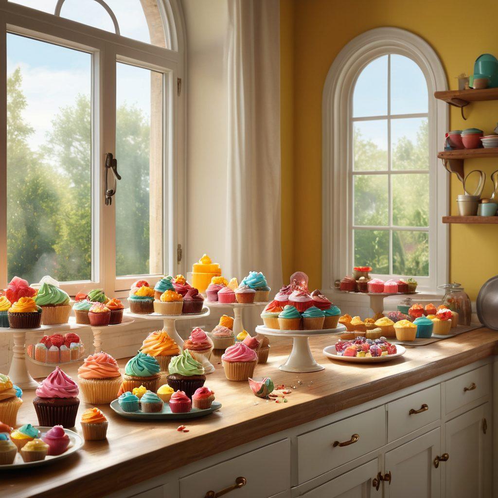 A whimsical kitchen scene filled with vibrant, colorful desserts like cupcakes, candies, and a playful cake, with beams of sunlight pouring through a window. Include joyful children and adults baking together, their faces lit up with laughter and joy. Make sure to add flour flying in the air and a fun assortment of baking tools scattered around, creating a lively atmosphere. super-realistic. vibrant colors. 3D.