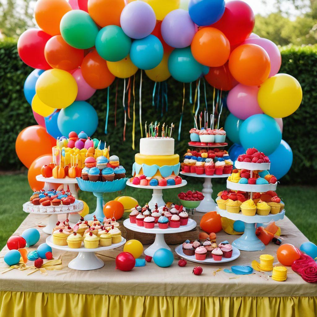 A colorful dessert table overflowing with an array of delightful treats like cupcakes, macarons, and cake pops in various playful shapes. Bright balloons and cheerful decorations surrounding the table to create a festive atmosphere, all set against a sunny outdoor backdrop. Invite a sense of celebration and joy, and showcase vibrant colors that evoke excitement. super-realistic. vibrant colors. cheerful atmosphere.